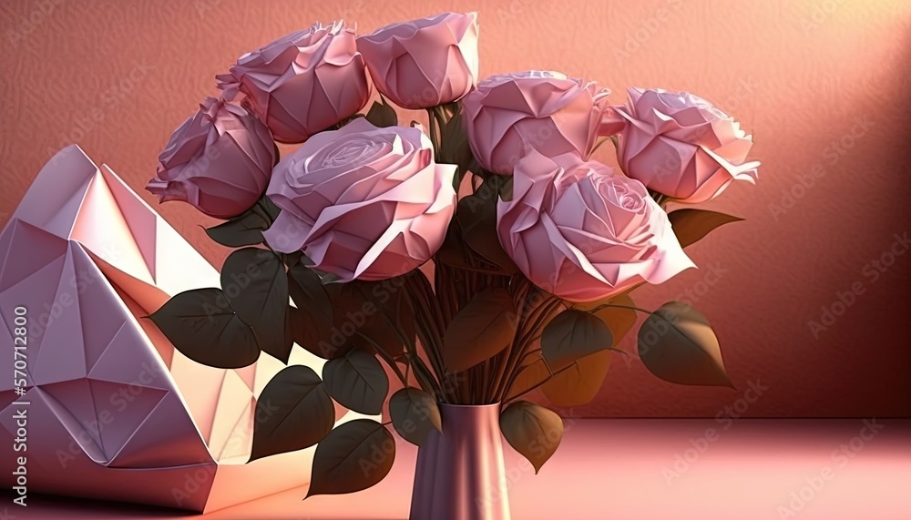  a pink vase with pink roses in it and an origami object in the background with a pink wall in the b