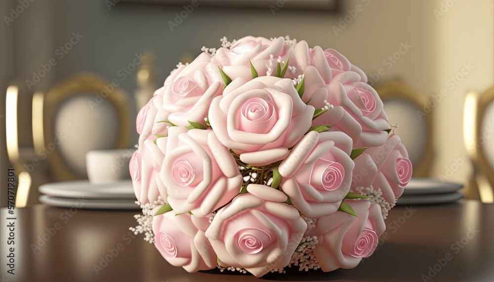  a bouquet of pink roses sitting on top of a table next to a plate and a cup of coffee on a saucer o