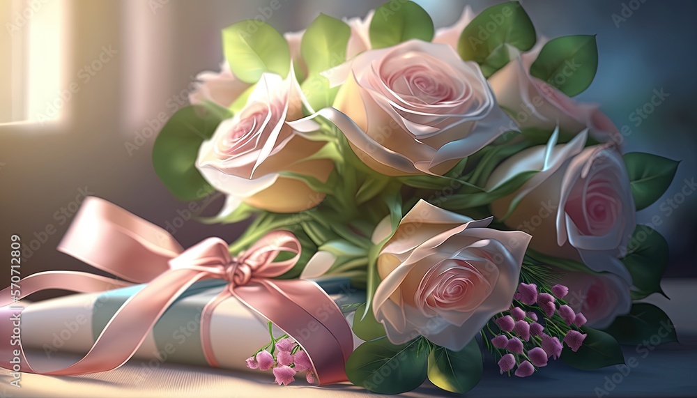  a painting of a bouquet of roses and a candy cane with a ribbon around it, on a window sill with a 