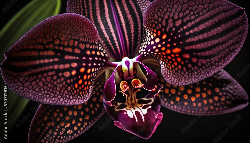  a close up of a purple flower with spots on its petals and a green leaf in the back ground and a b