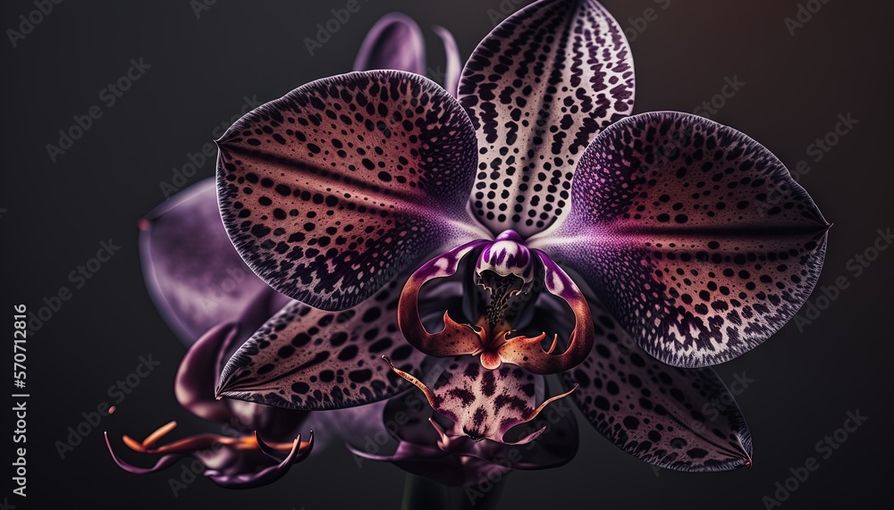  a close up of a purple flower with spots on its petals and a black background with a white spot in