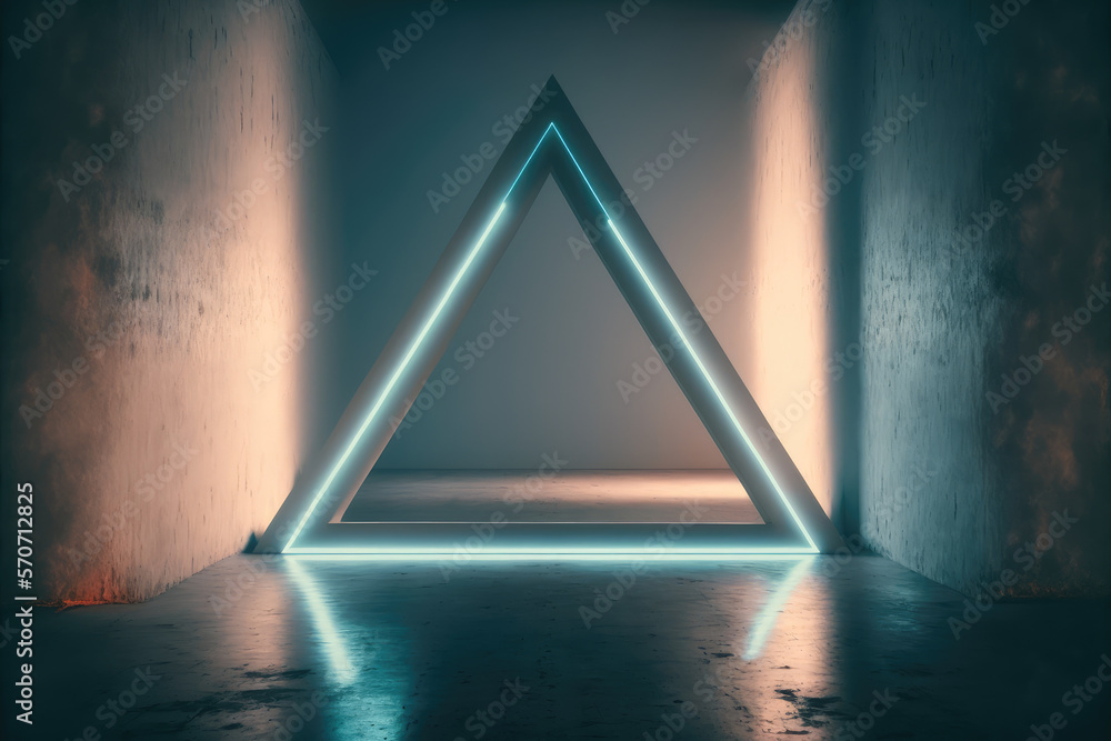 Concrete room with triangle portal illuminated by blue and orange neon light. Peculiar AI generative