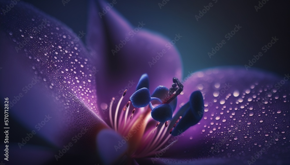  a close up of a purple flower with drops of water on the petals and the center of the flower with a