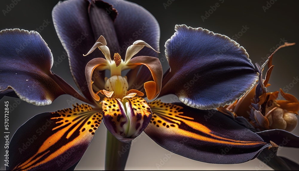  a close up of a purple flower with yellow stamens and a black background with a white center and ye