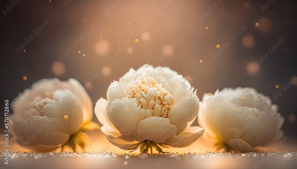  three white peonies with sparkling petals on a table top with a blurry back ground and a light colo