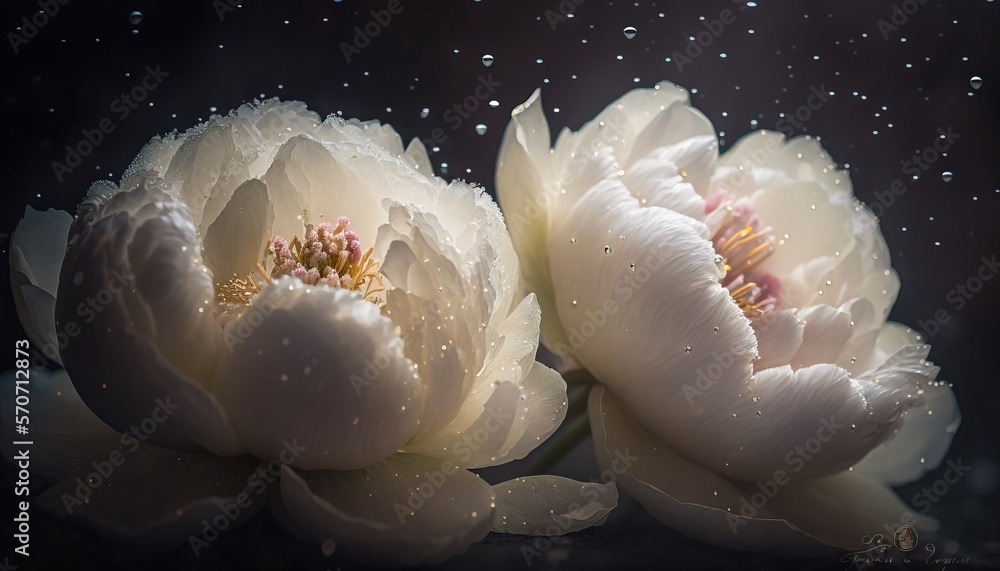  two white flowers with drops of water on the petals of the flowers, with a black background and a f