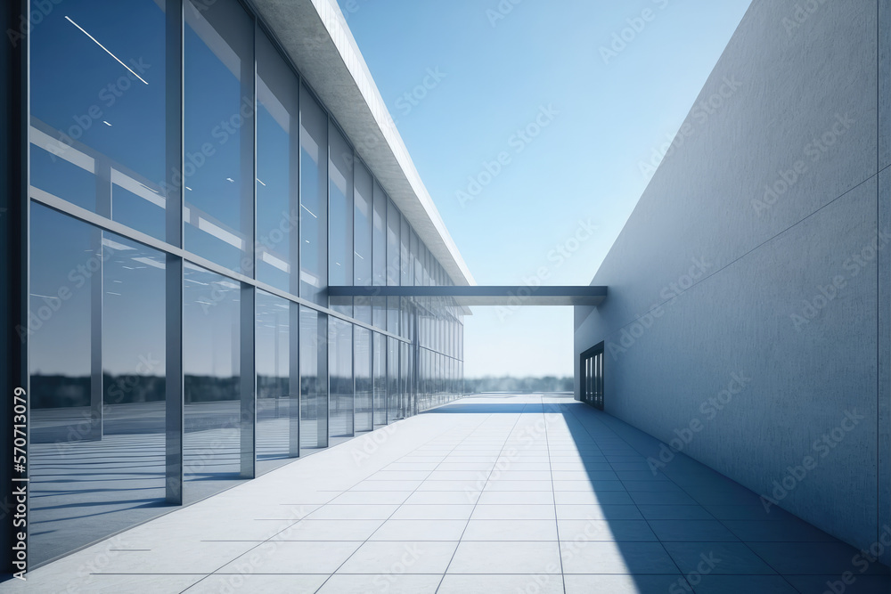 Modern architecture exterior of public hall entrance in urban building outdoor under bright sky with