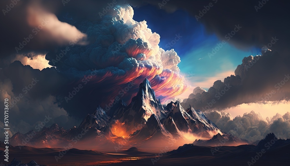  a painting of a mountain in the sky with a lot of clouds in the sky and a bright red and blue cloud