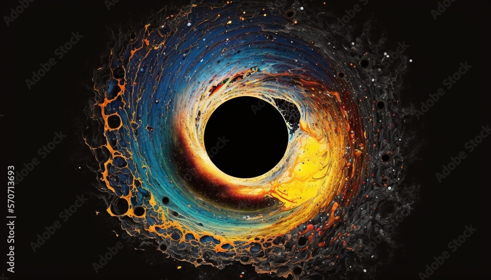  a black hole in the center of a black background with a yellow and blue swirl in the center of the 