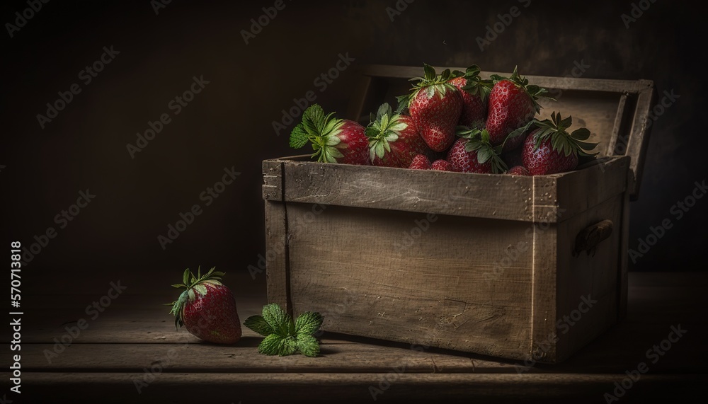  a wooden box filled with lots of strawberries on top of a wooden table next to a wooden box with gr