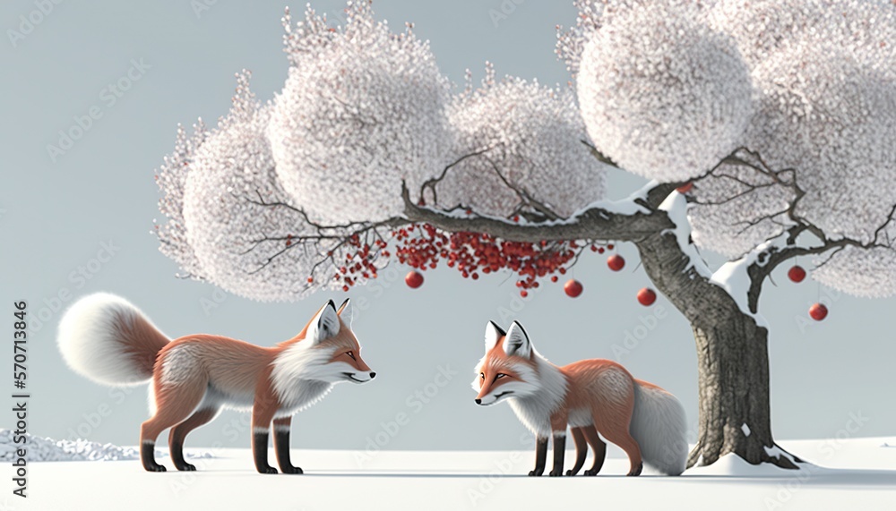  a couple of foxes standing in front of a tree with red berries on its branches and a snow covered 