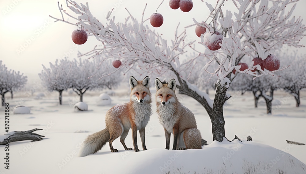  a couple of foxes standing next to each other on a snow covered field next to a tree with red apple