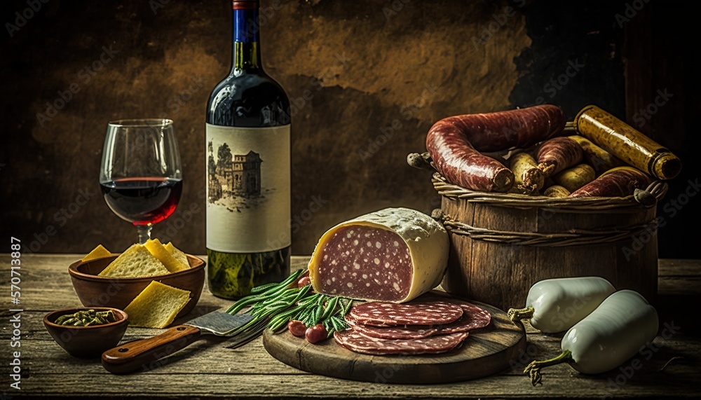  a table with a bottle of wine, a glass of wine, a plate of food, and a basket of cheese and meats. 