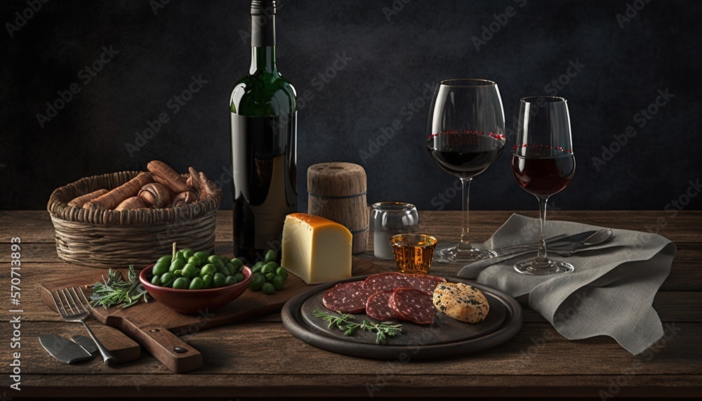  a wooden table topped with a plate of food and a bottle of wine next to a basket of grapes and a gl