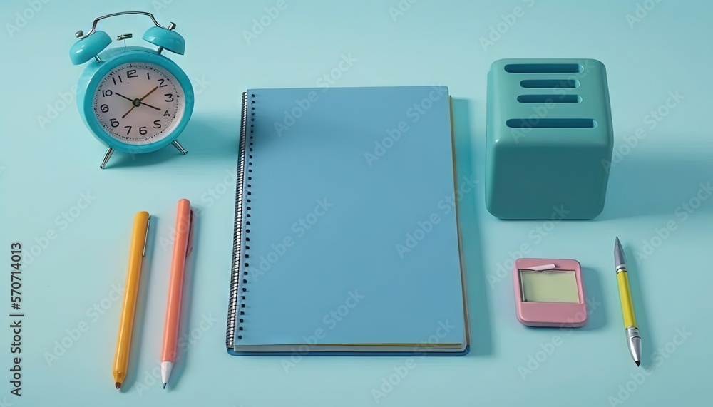  a notebook, pen, alarm clock, and pencils on a blue surface with a light blue cover and a yellow pe