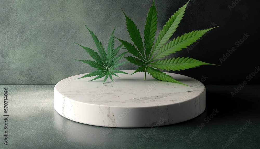  a green plant sitting on top of a white marble stand on a green wall behind a white marble base wit