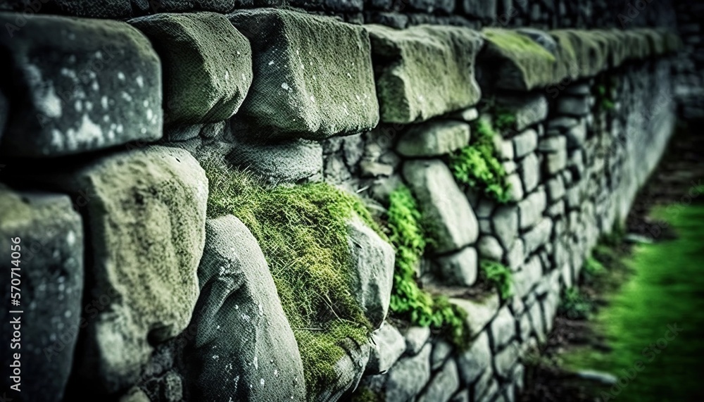  a stone wall with moss growing on the rocks and grass growing on the rocks and grass growing on the