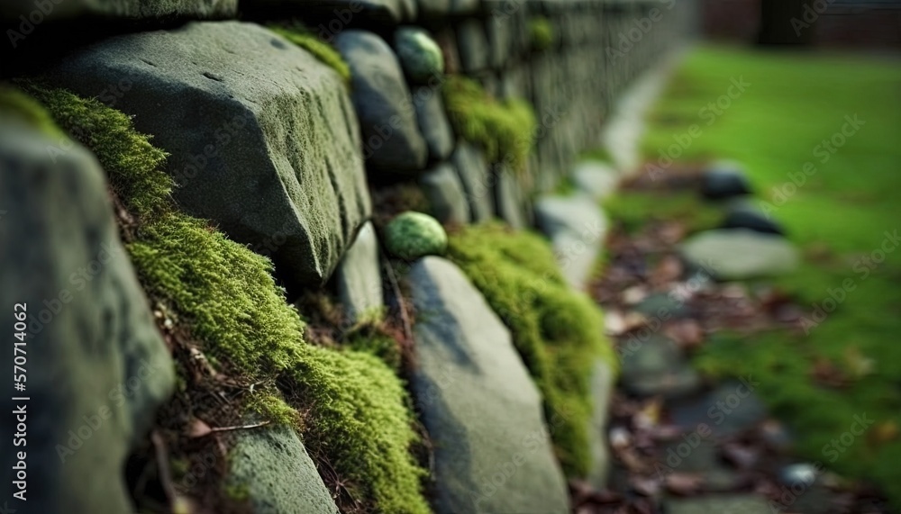  moss growing on a stone wall in a park area with a green grass growing on the rocks and grass growi