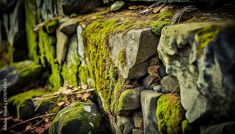  a moss covered rock wall in a forest area with rocks and moss growing on the rocks and the moss gro