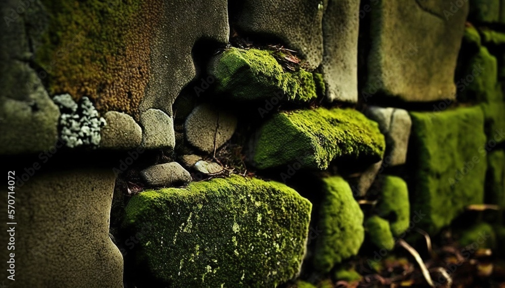  moss growing on a stone wall in a forest area with fallen leaves on the ground and a few rocks on t