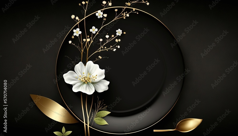  a black plate with a white flower and gold leaves on it and a black background with a gold leaf and