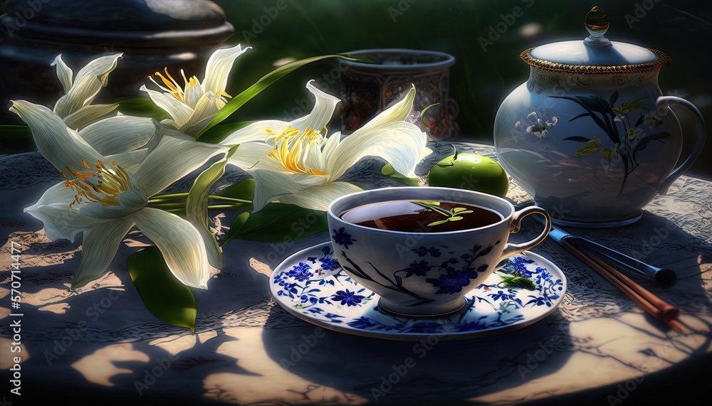  a cup of coffee on a saucer next to a vase with flowers and a teapot on a table with a shadow cast 