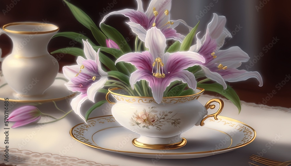  a painting of flowers in a teacup on a table with a lace tablecloth and a vase of flowers in the ba