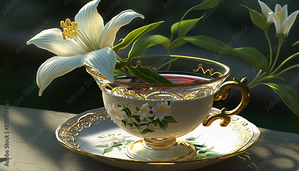  a painting of a tea cup with a flower in the middle of the cup and saucer on a table with a green l