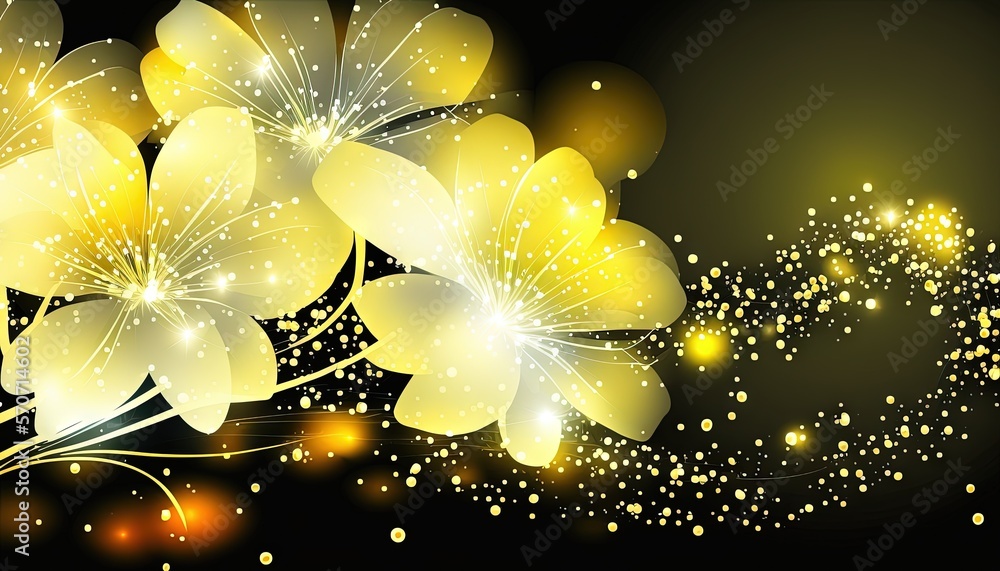  a bunch of flowers that are on a black background with gold sparkles and stars in the air and a bla