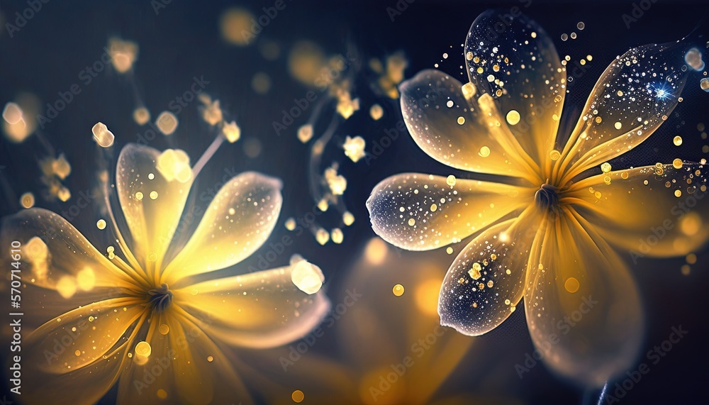  a close up of a bunch of flowers with water droplets on them and a black background with a blue sky