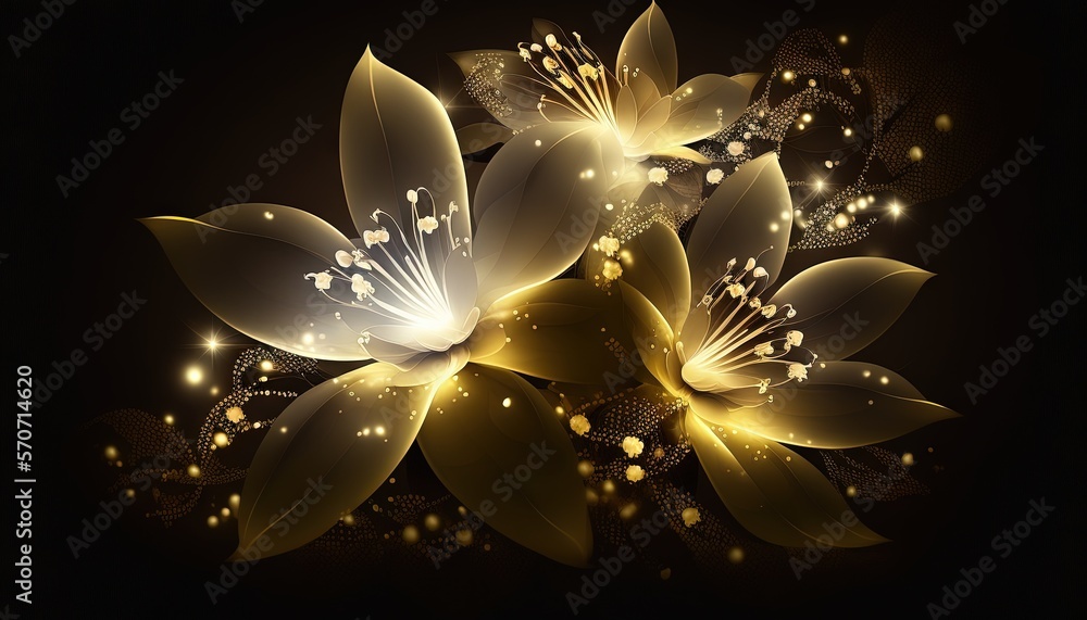  a beautiful flower with shiny petals on a black background with a sparkle effect in the center of t