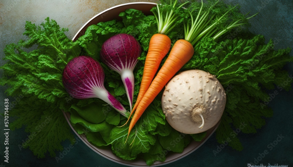  a bowl filled with carrots, radishes, and spinach on top of a green table cloth next to a white bal