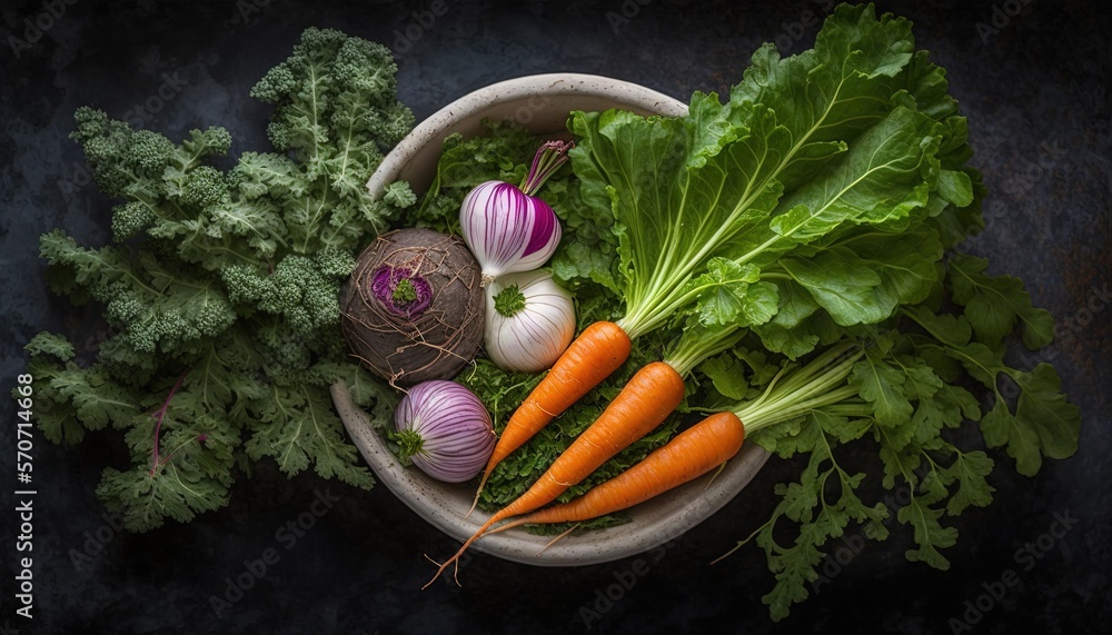  a bowl filled with carrots, onions, and lettuce on top of a black tablecloth next to a bunch of gre