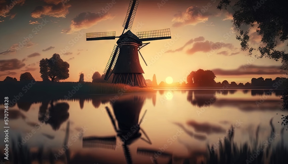  a painting of a windmill on a lake with a setting sun in the background with clouds in the sky and 