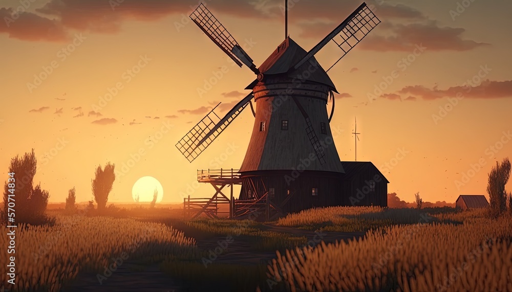  a painting of a windmill in a wheat field at sunset with the sun in the distance and a few clouds i