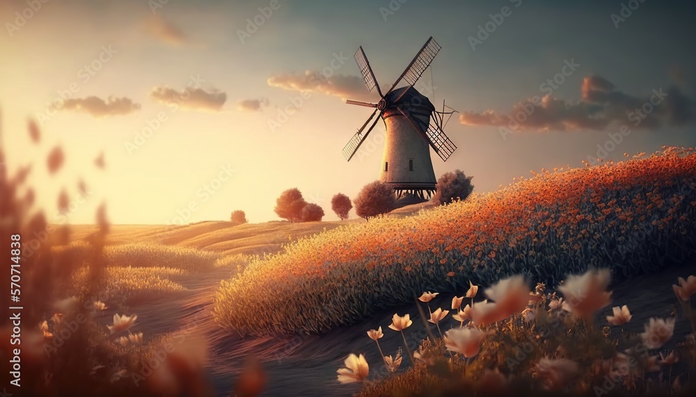  a painting of a windmill on a hill with flowers in the foreground and a sunset in the background wi