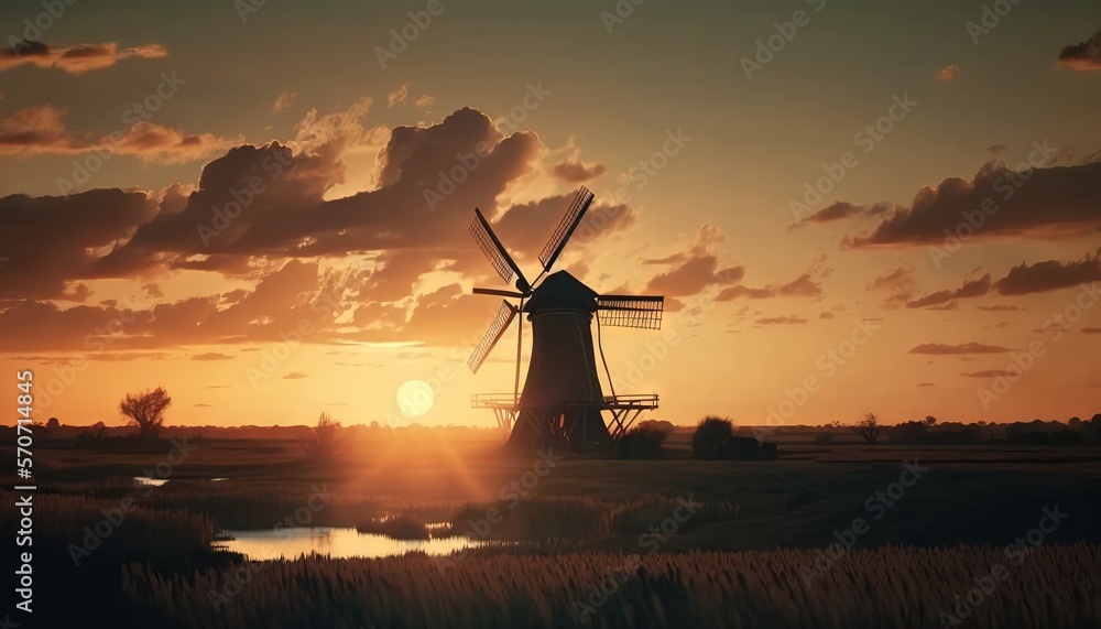  a windmill in a field at sunset with the sun setting in the background and clouds in the sky over t