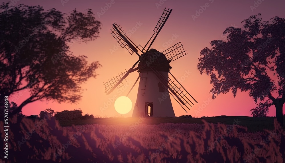  a painting of a windmill in a field with the sun setting behind it and trees in the foreground, wit