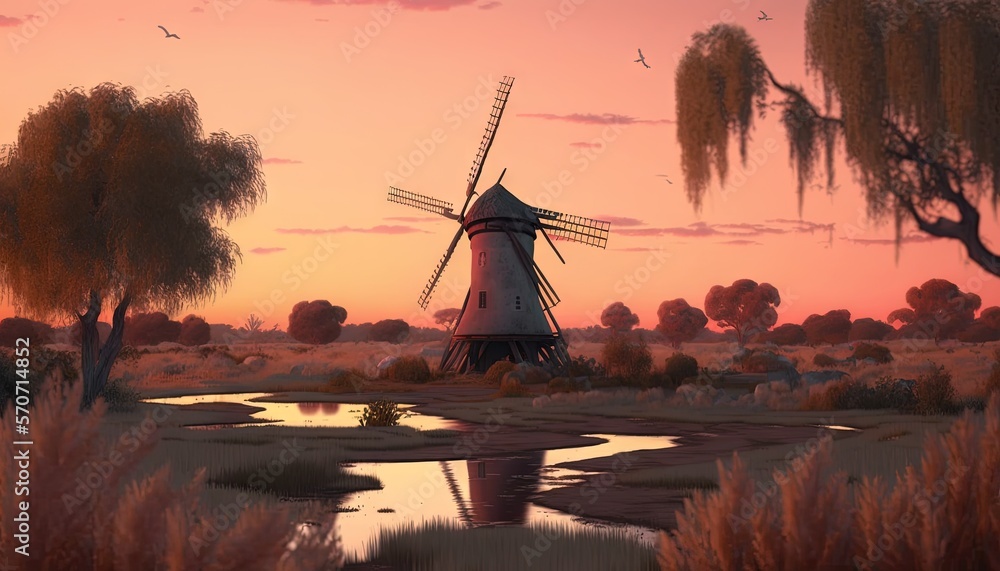  a painting of a windmill in a field with a sunset in the background and birds flying over the water