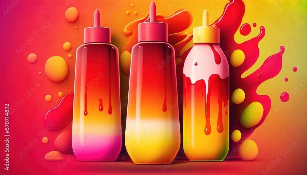  a group of spray bottles with different colors on a pink, yellow, and orange background with a spla