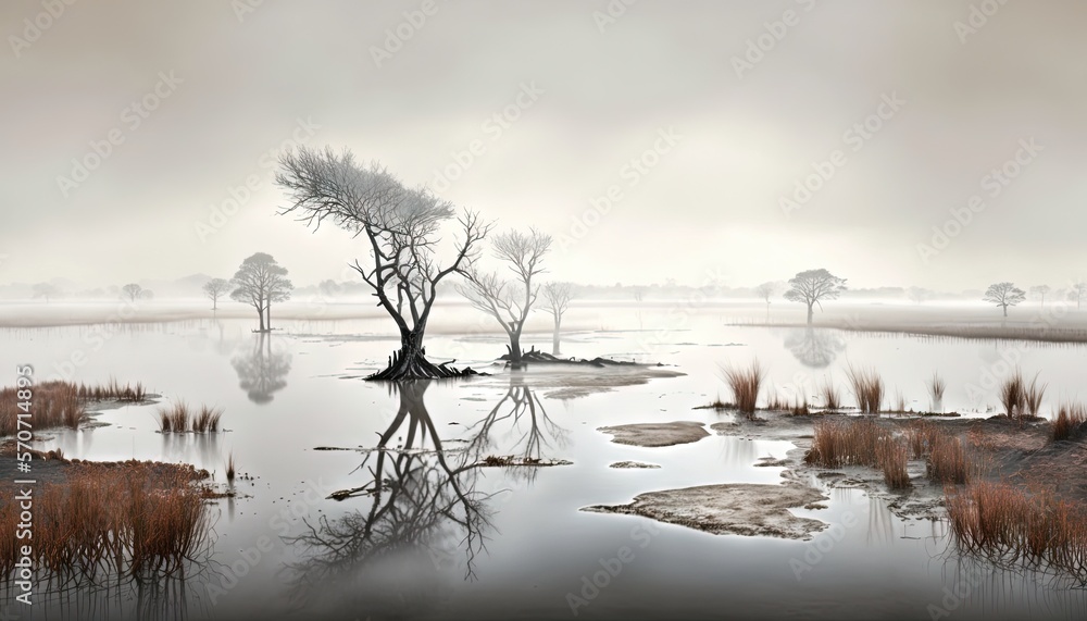  a swampy area with a lone tree in the middle of the swampy area and water in the middle of the swam