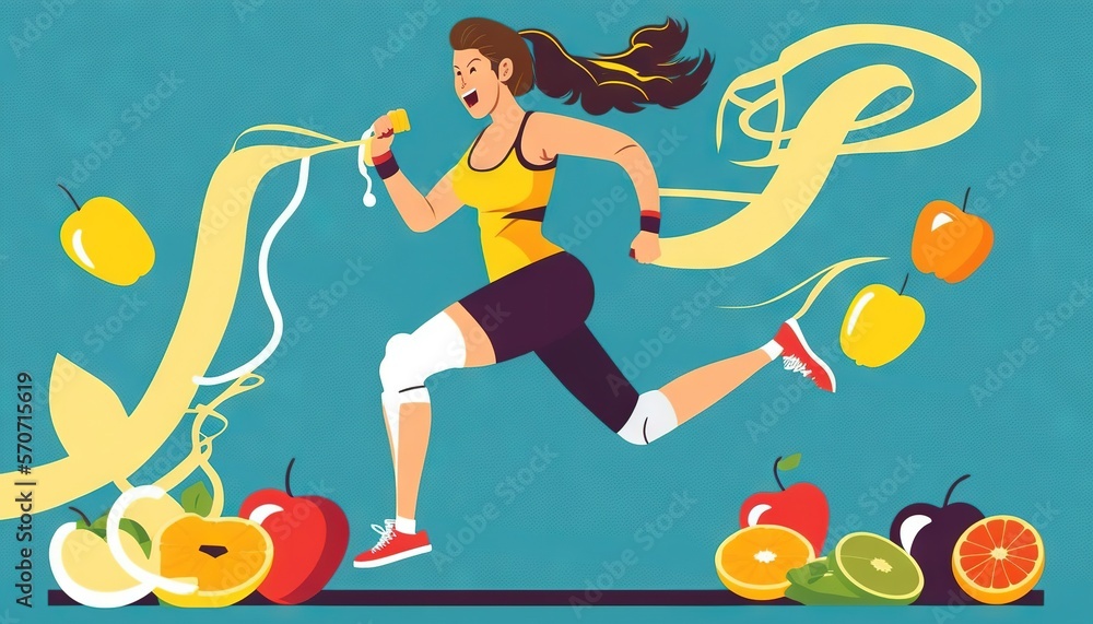  a woman running with a bunch of fruit around her and a ribbon in the air with a smile on her face a