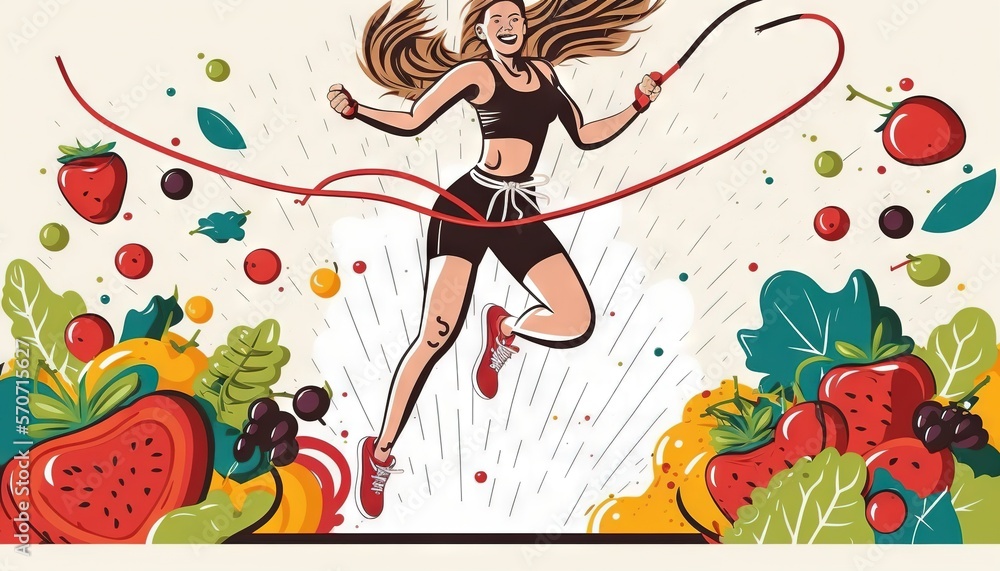  a woman is running with a ribbon in her hand and fruit around her, with a splash of water on her fa