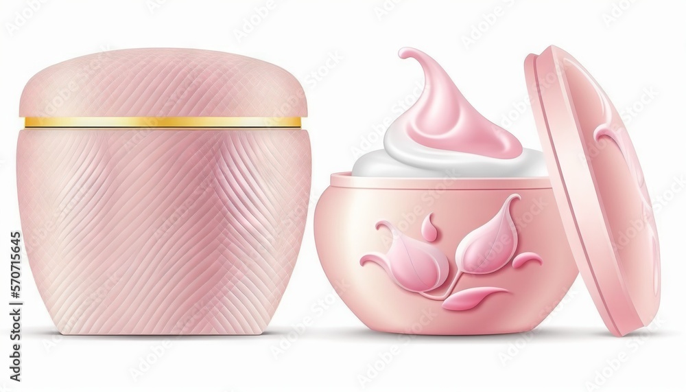  a pink cosmetic container with a lid and a container with a cream on it and a container with a lid 