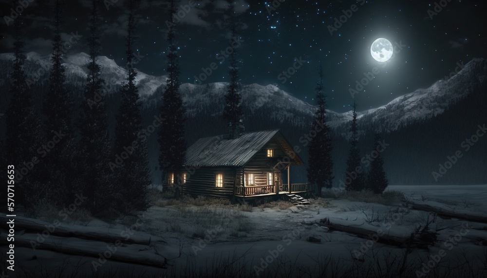  a cabin in the woods with a full moon in the sky and a full moon in the sky above the cabin at nigh