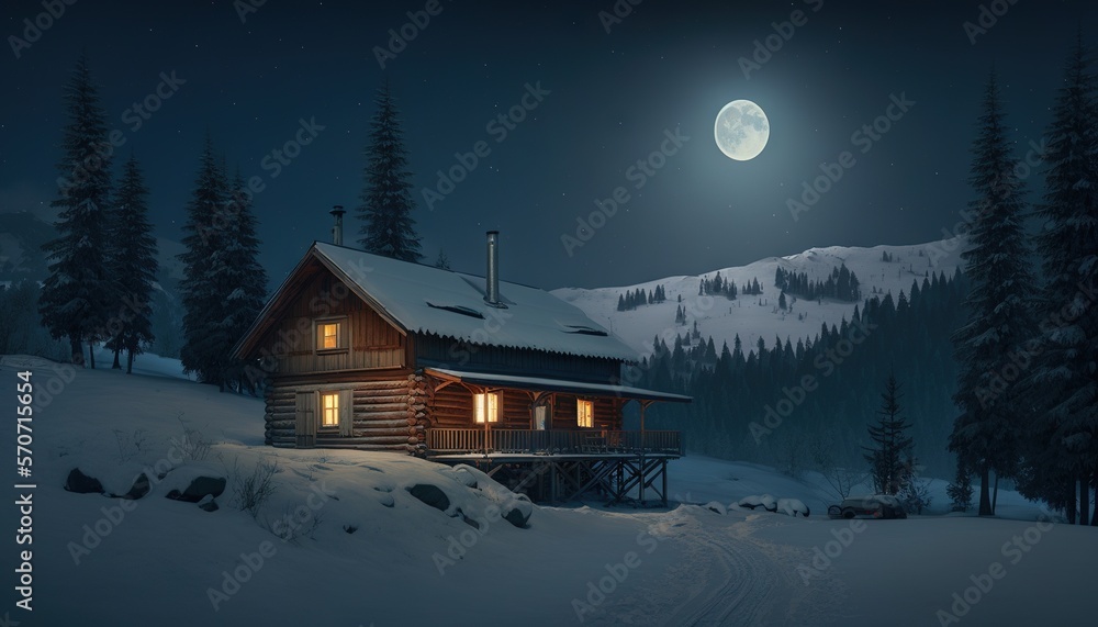  a cabin in the woods at night with a full moon in the sky above the cabin and snow on the ground an