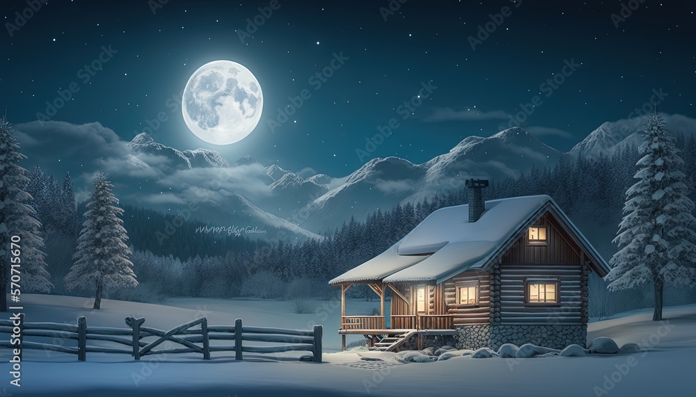  a cabin in a snowy landscape with a full moon in the sky and a fence in the foreground with snow on