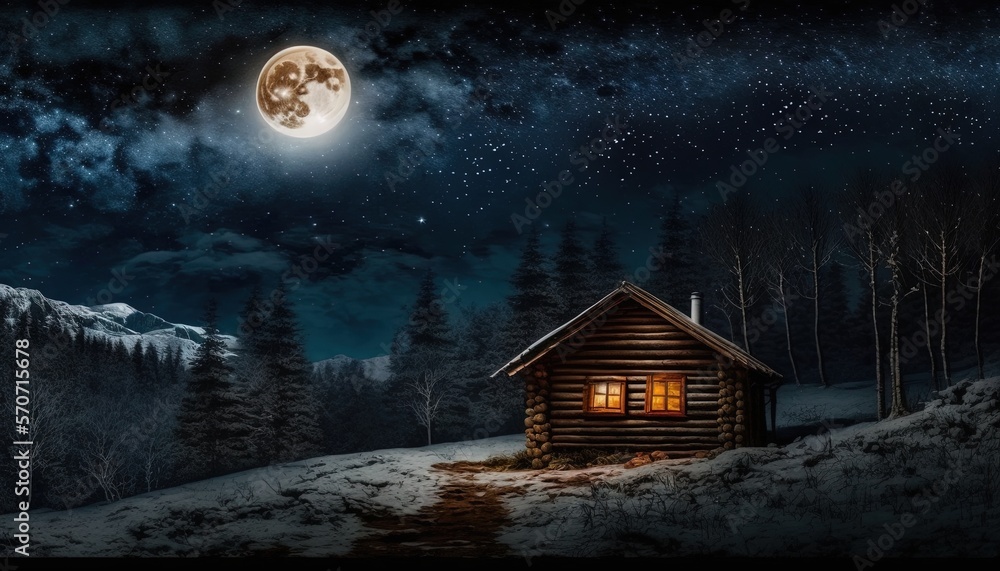  a cabin in the woods with a full moon in the sky and trees in the foreground, and a full moon in th