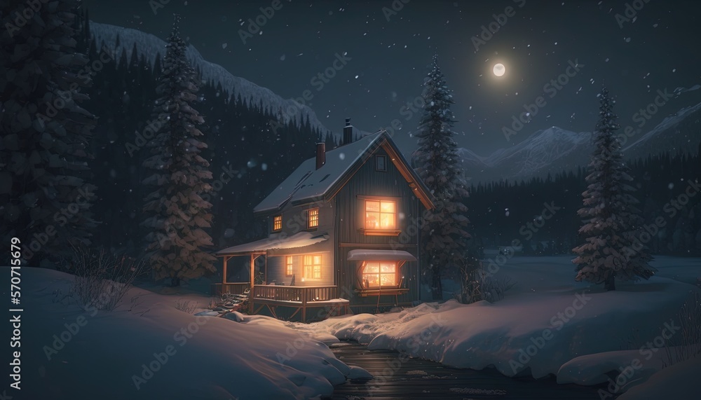  a house in the snow with a full moon in the sky and trees in the snow at night with snow falling on