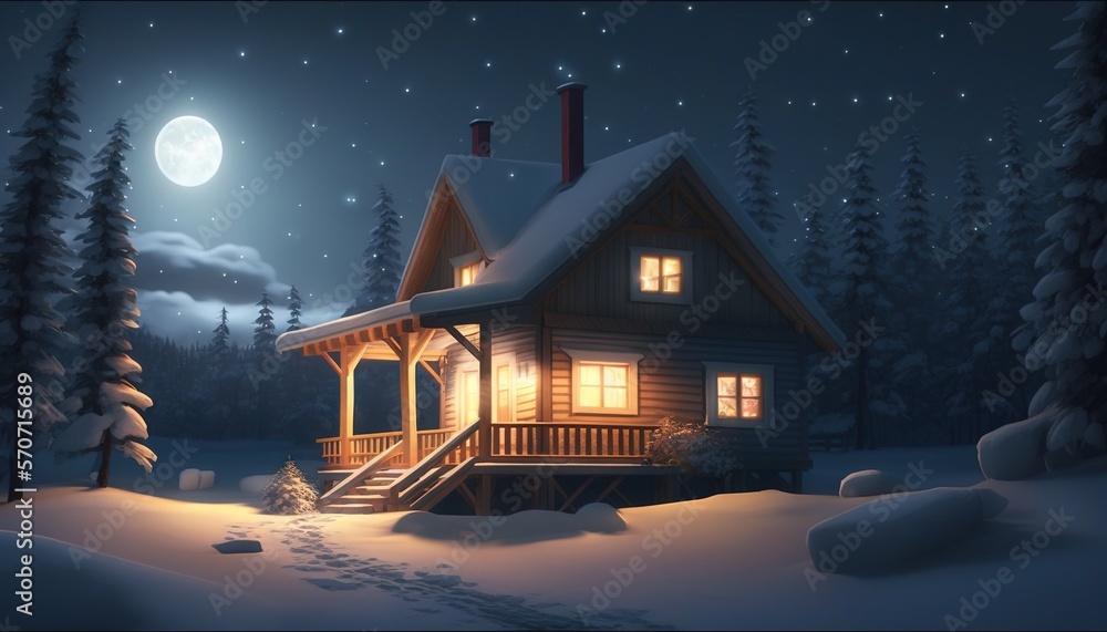  a cabin in the woods at night with a full moon in the sky and snow on the ground and trees and snow